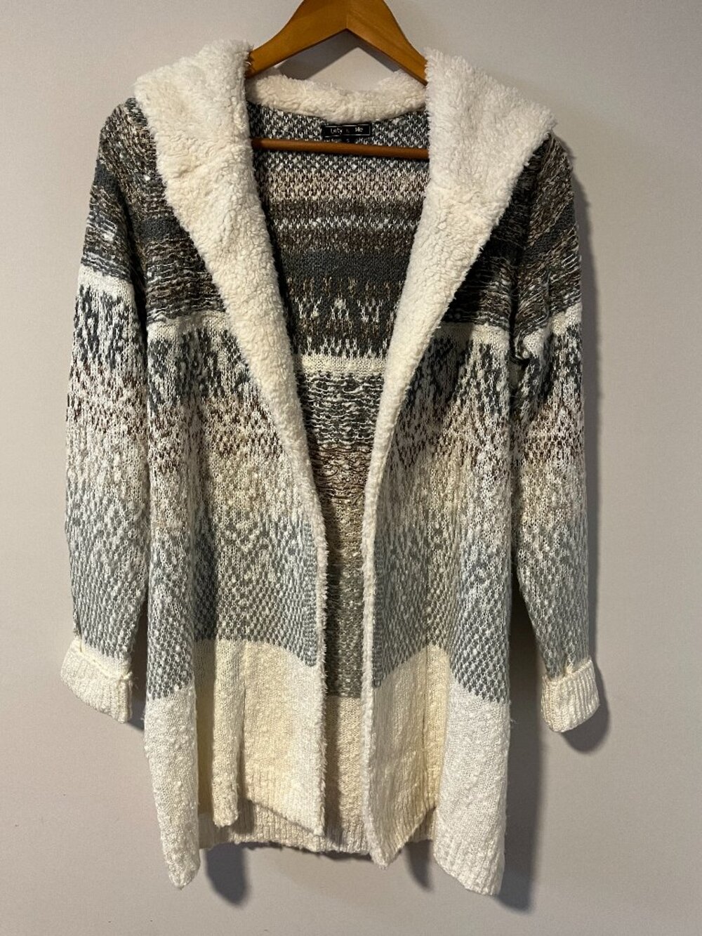 Lety & Me Hooded Cardigan Cream Gray Faux Fur Lined Open Front Cabincore